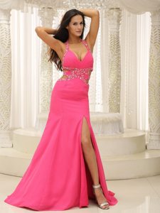 Halter Beading Cutout Straps Prom Homecoming Dress in Hot Pink