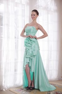 Ruches and Flowers Accent High-low Prom Celebrity Dress in Apple Green