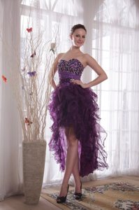 Sweetheart Purple High-low Prom Celebrity Dress with Beading Ruffles