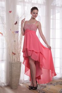 Beaded Watermelon Prom Celebrity Dresses with Spaghetti Straps