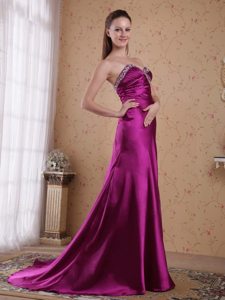 Beaded and Ruched Fuchsia Prom Celebrity Dress with Brush Train