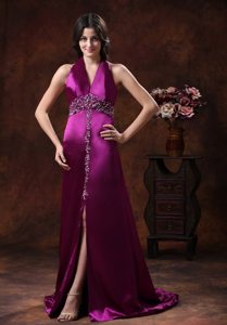 Purple A-line Halter Beading High Slit Prom Graduation Dresses
