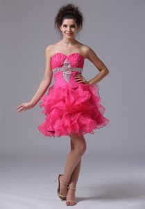 Ruffled Layers and Beading Accent Prom Graduation Dress in Hot Pink