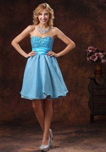 Beading and Sash Accent Organza Prom Holiday Dress in Baby Blue