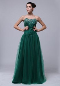 Beading Accent Tulle Floor Length Prom Holiday Dress in Dark Green
