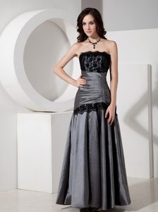 Gray Floor Length Prom Evening Dress with Lace and Beading Accent