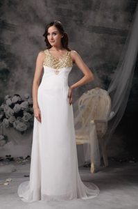 White V-neck Brush Train Prom Evening Dress with Champagne Beads