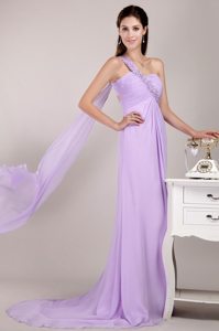 Beaded One Shoulder Lilac Prom Evening Dress with the Back Cut Out