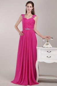 Beading and Ruches Accent Empire Chiffon Prom Gown Dress in Fuchsia