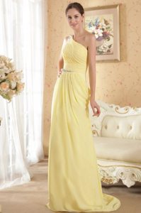Beaded and Ruched One Shoulder Brush Train Yellow Prom Dress