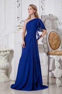 Royal Blue A-line One Shoulder Prom Gown Dress with Brush Train