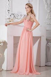 Ruched and Beaded Watermelon Straps Prom Dress with Side Zipper