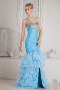 Ruched Sky Blue Organza Prom Pageant Dress with Beading and Ruffles