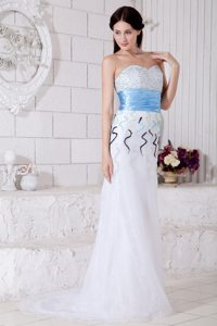 White Organza Brush Train Prom Pageant Dress with Beading and Belt