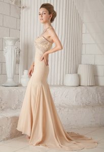 Beading and Lace Accent Champagne Brush Train Prom Celebrity Dress