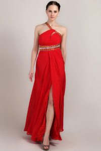 Fitted Beaded One Shoulder Prom Homecoming Dress High Slit Floor-length