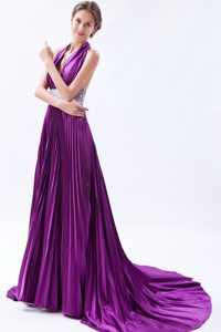 Eggplant Purple Halter Court Train Prom Celebrity Dress with Beading