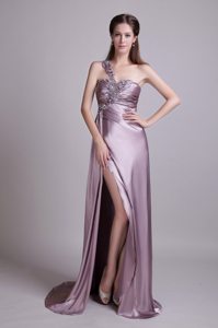 Beaded One Shoulder Pink Prom Gown with High Slit and Brush Train
