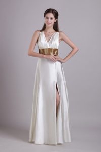 White V-neck Prom Graduation Dress with Belt and High Slit 2014