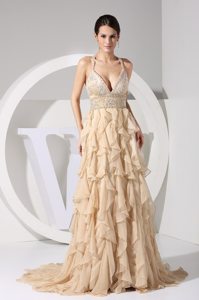 Ruffled Layers and Beading Accent Prom Gowns with Plunging Neck