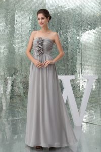 inexpensive Chiffon Strapless Ruched Prom Gown with Hand Made Flowers