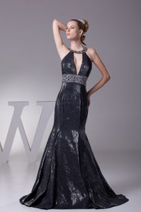 2014 Halter Top Beading Black Prom Evening Dress Mermaid Design