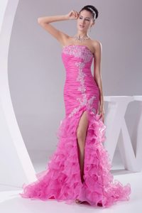 Mermaid High-slit Prom Dress with Appliques Pleats and Ruffled Layers
