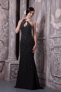 Halter with Key Hole Black Prom Evening Dress Beading Accent