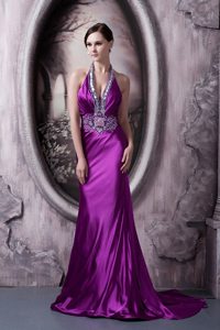 Beading and Appliques for Halter Eggplant Purple Prom Evening Dress