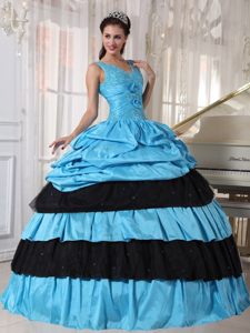 Blue and Black Taffeta Sixteen Quinceanera Dress with Appliques