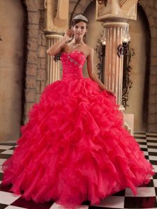Coral Red Organza Quinceanera Dresses with Ruffles and Beading