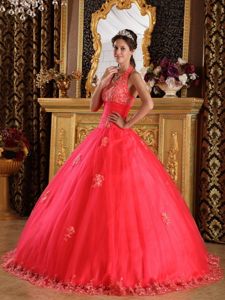 Sonoma CA Appliqued Halter Quinceanera Dresses in Coral Red