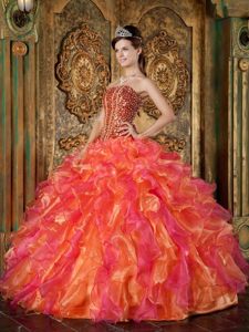 Beading and Ruffles Accent Orange and Hot Pink Quinceanera Gown