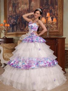 Ruffled White Halter Quinceanera Gown Dresses with Colorful Print