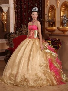 Ruffled Layers Accent Quinceanera Gown Dresses in Gold and Hot Pink