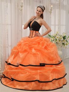 Orange and Black Organza Quinceanera Gown Dresses with Pick ups