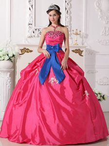 Beaded and Appliqued Hot Pink Sweet 15 Dresses with Blue Bow