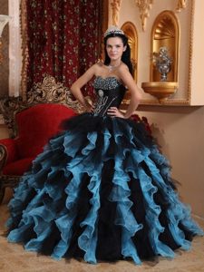 Beaded and Ruffled Quinceanera Dresses in Blue and Black 2014