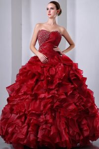 Noble Ruffled Quinceanera Dress with Beading and Ruches in Wine Red