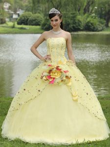 Yellow Quinceanera Gowns with Embroidery and Hand Made Flowers