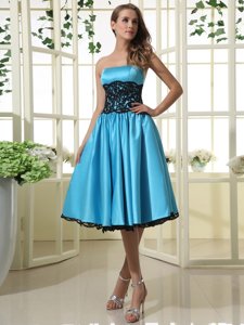 Satin Strapless Sleeveless Zipper Lace Prom Evening Gown in Baby Blue