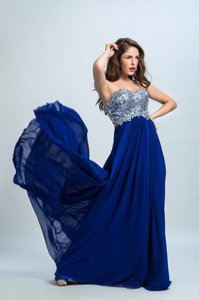 Amazing Royal Blue Column/Sheath Chiffon Sweetheart Sleeveless Beading With Train Zipper Dress for Prom Brush Train