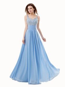 Blue Empire Chiffon and Sequined Spaghetti Straps Sleeveless Beading Floor Length Side Zipper Prom Evening Gown