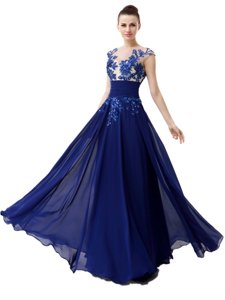 High-neck Cap Sleeves Homecoming Dress Floor Length Beading and Appliques Blue Chiffon