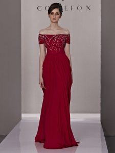 Off the Shoulder Red Short Sleeves Floor Length Beading and Ruching Zipper Prom Dresses