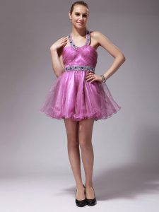 Trendy Halter Top Rose Pink Organza Zipper Prom Evening Gown Sleeveless Mini Length Beading