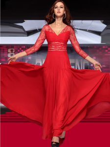 Floor Length Zipper Dress for Prom Red and In for Prom and Party with Lace
