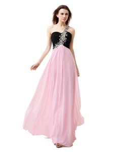 One Shoulder Sleeveless Floor Length Beading and Appliques and Ruffles Zipper Evening Dress with Pink And Black