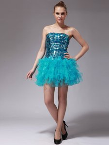 Aqua Blue Organza Zipper Prom Gown Sleeveless Mini Length Beading and Ruffles