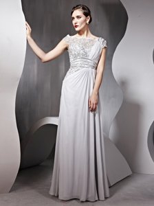 Silver Bateau Neckline Appliques and Ruching Prom Party Dress Cap Sleeves Side Zipper